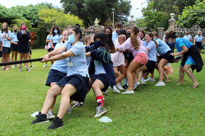 Sophomores dig deep in their next tug of war match.