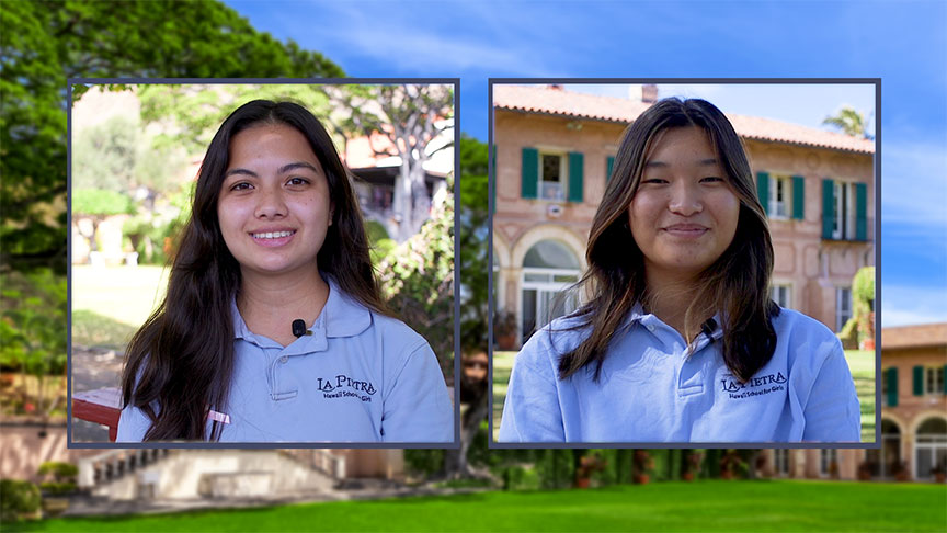 Two students in a splitscreen introducing Wahine Forum panelists.