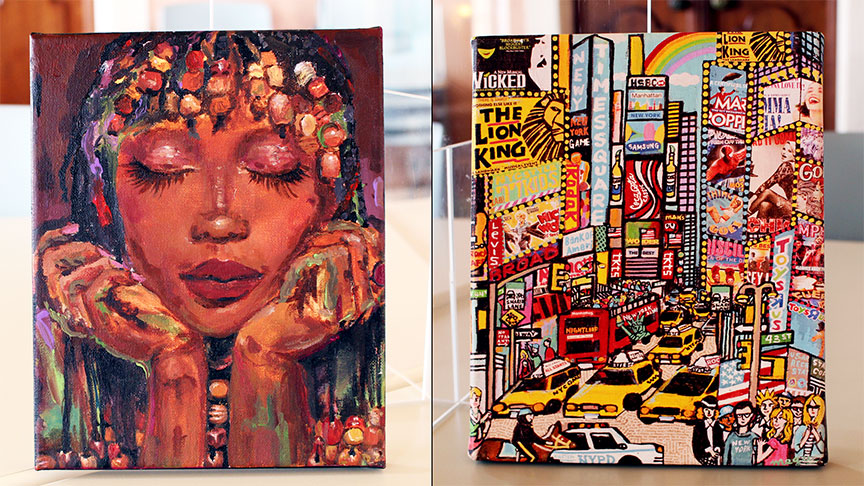 Student paintings depicting a portrait of a woman and a city are added to the silent auction.